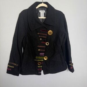 NorthStyle Womens Black 100% Wool Jacket Multi-Color Ribbon Button Accent Medium